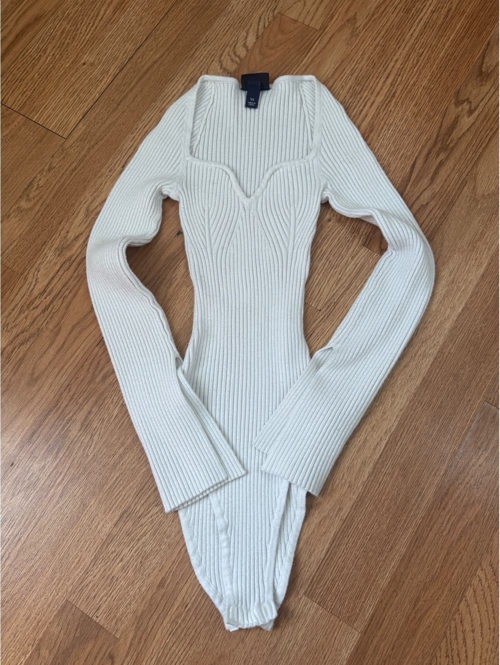 Scoop White Ribbed Knit Long Sleeve Bodysuit, XS